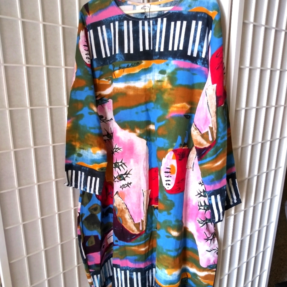 2X Kaftan Linen Dress Pockets Colorful Eyes Vibrant Cotton NWT Plus Size